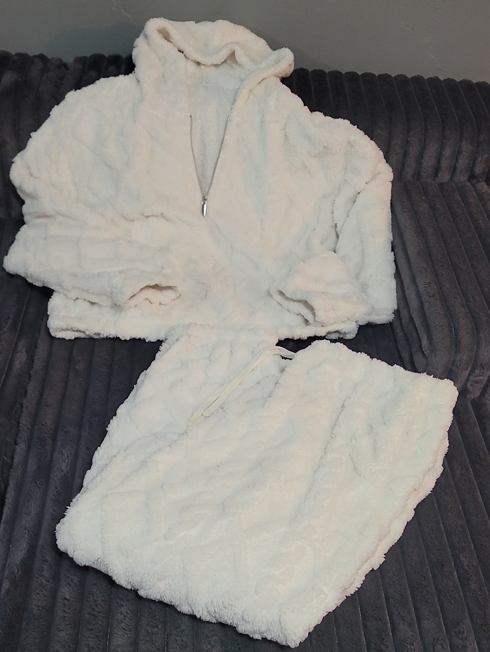 White Plush Hooded Top and Pant Loungewear Set